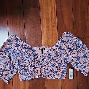 BCBG Paris Blue and Brown Floral Puff Sleeve Blouse